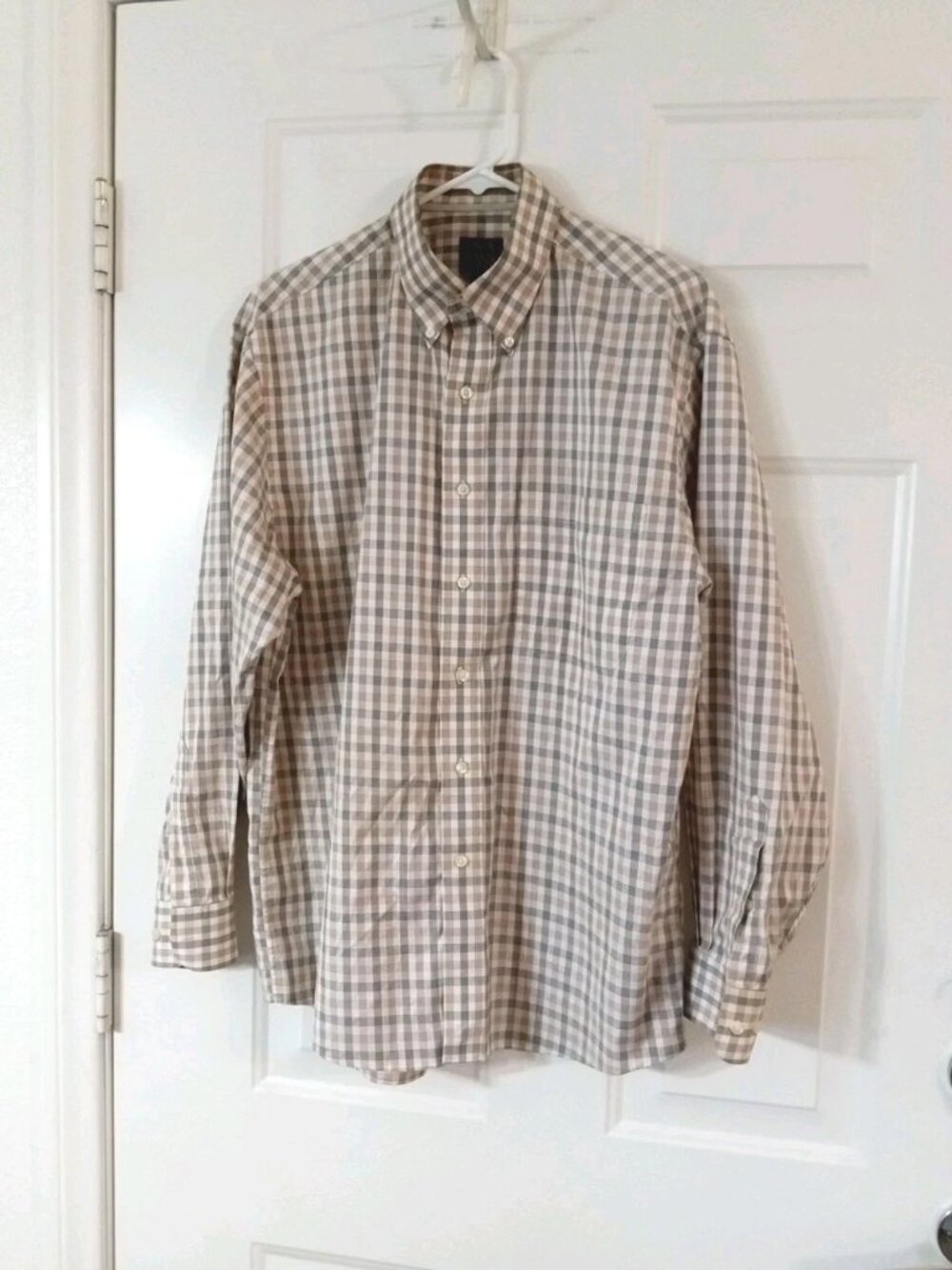 Jos.A.Banks Men's Medium Long Sleeve Gingham Plaid Check Shirt Brown White Tan